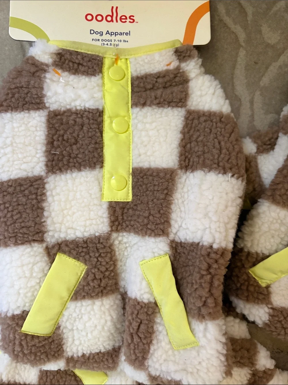 Oodles Brown & White Check Plush Dog Sweater with Yellow Trim lot 3 XS